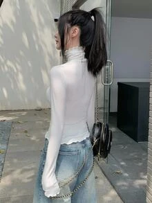 DAZY New Autumn Ladies Solid Color Frill Trim Turtleneck Long Sleeve Slim Fit T-Shirt - White - View 4
