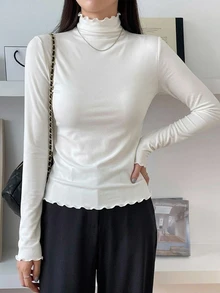 DAZY New Autumn Ladies Solid Color Frill Trim Turtleneck Long Sleeve Slim Fit T-Shirt - White - View 12