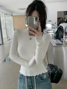 DAZY New Autumn Ladies Solid Color Frill Trim Turtleneck Long Sleeve Slim Fit T-Shirt - White - View 14
