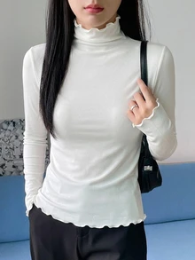 DAZY New Autumn Ladies Solid Color Frill Trim Turtleneck Long Sleeve Slim Fit T-Shirt - White - View 11