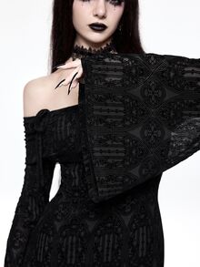 ROMWE Goth 哥德式建築風蕾絲露肩喇叭袖魚尾黑色女款洋裝 - 黑色 - 查看 6