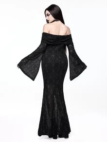 ROMWE Goth 哥德式建築風蕾絲露肩喇叭袖魚尾黑色女款洋裝 - 黑色 - 查看 2