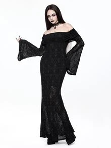 ROMWE Goth 哥德式建築風蕾絲露肩喇叭袖魚尾黑色女款洋裝 - 黑色 - 查看 3