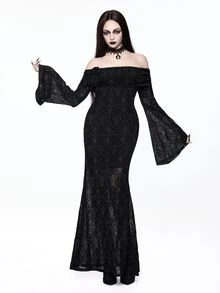 ROMWE Goth 哥德式建築風蕾絲露肩喇叭袖魚尾黑色女款洋裝 - 黑色 - 查看 1