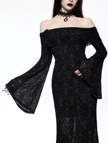 ROMWE Goth 哥德式建築風蕾絲露肩喇叭袖魚尾黑色女款洋裝 - 黑色 - 查看 4