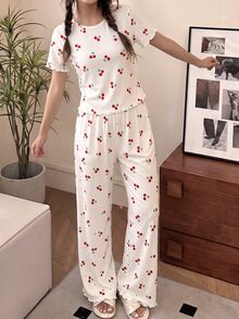 SHEIN Tween Girl Pajamas, Simple Cute Retro Polka Dot Cartoon Bear Pattern, Round Neck Short Sleeve Long Pants With Ruffle Hem, Kids - Multicolor - View 3