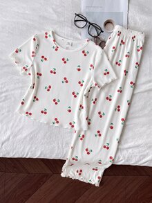 SHEIN Tween Girl Pajamas, Simple Cute Retro Polka Dot Cartoon Bear Pattern, Round Neck Short Sleeve Long Pants With Ruffle Hem, Kids - Multicolor - View 1