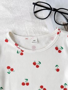 SHEIN Tween Girl Pajamas, Simple Cute Retro Polka Dot Cartoon Bear Pattern, Round Neck Short Sleeve Long Pants With Ruffle Hem, Kids - Multicolor - View 4