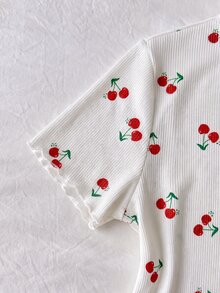 SHEIN Tween Girl Pajamas, Simple Cute Retro Polka Dot Cartoon Bear Pattern, Round Neck Short Sleeve Long Pants With Ruffle Hem, Kids - Multicolor - View 8