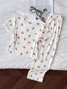 SHEIN Tween Girl Pajamas, Simple Cute Retro Polka Dot Cartoon Bear Pattern, Round Neck Short Sleeve Long Pants With Ruffle Hem, Kids - Multicolor - View 2
