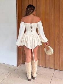 Maria Perezxox 女士纯色露肩长袖荷叶边时尚迷你连衣裙 - 杏色 - 查看 2
