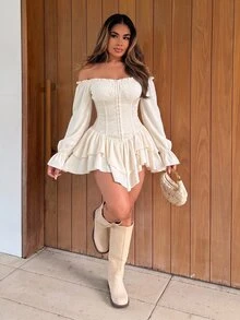 Maria Perezxox 女士纯色露肩长袖荷叶边时尚迷你连衣裙 - 杏色 - 查看 5