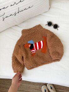 SHEIN 中性嬰兒男/女童、幼兒秋冬保暖內裡加厚休閒可愛棕色抓絨夾克，嬰兒冬季外套，填充外套，絎縫外套，聖誕節 - 巧克力棕 - 查看 4