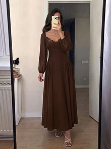 Modelyn 女款秋冬優雅長洋裝，雪紡對比蕾絲百褶荷葉邊洋裝，適合派對、婚禮賓客、海灘、聖誕節、感恩節，棕色 - 棕色 - 查看 6