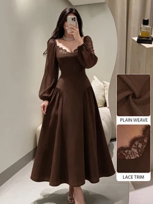 Modelyn 女款秋冬優雅長洋裝，雪紡對比蕾絲百褶荷葉邊洋裝，適合派對、婚禮賓客、海灘、聖誕節、感恩節，棕色 - 棕色 - 查看 1