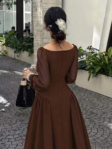 Modelyn 女款秋冬優雅長洋裝，雪紡對比蕾絲百褶荷葉邊洋裝，適合派對、婚禮賓客、海灘、聖誕節、感恩節，棕色 - 棕色 - 查看 2