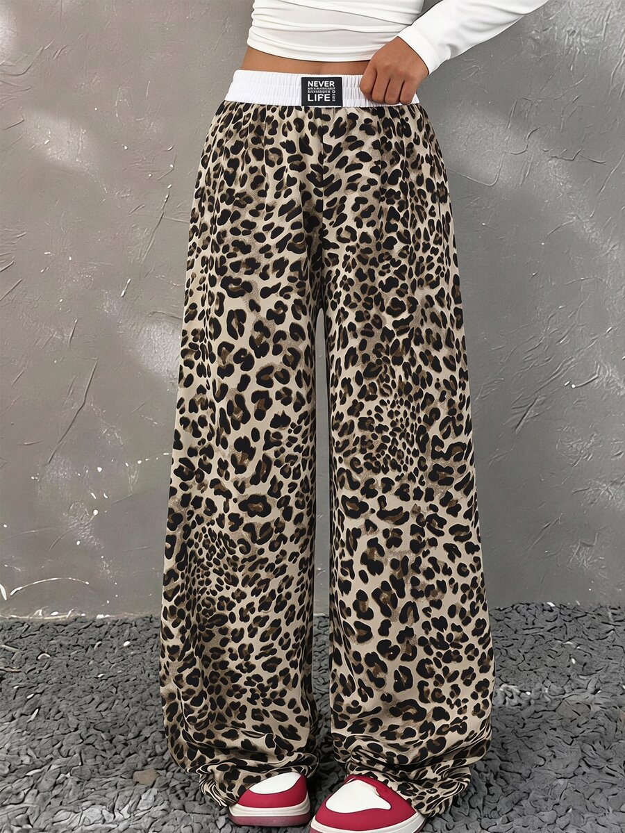 SHEIN Tween Girl) Casual All-Match Versatile Streetwear Daily Khaki Colorblock Patchwork Waistband Woven Label Loose Wide Leg Long Pants, Fall School