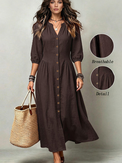 Linhara CURVE Plus Solid Button Front Lantern Sleeve Dress Fall