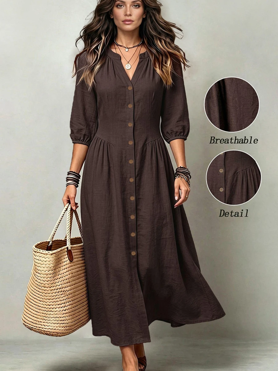 Linhara CURVE Plus Solid Button Front Lantern Sleeve Dress Fall - Brown - View 1