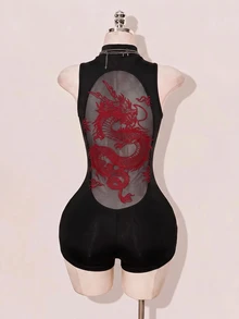 SHEIN ICON 女款性感龍圖案網格拼接緊身連身衣 貼身連身褲 黑色與紅色 夏季夜店狂歡夜出門穿搭 - 彩色 - 查看 3