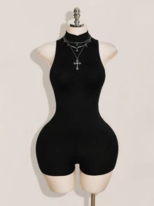 SHEIN ICON 女款性感龍圖案網格拼接緊身連身衣 貼身連身褲 黑色與紅色 夏季夜店狂歡夜出門穿搭 - 彩色 - 查看 2