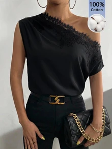 Firerie Women's Black Summer Elegant Brunch Asymmetric Neckline Ruched Satin Shoulder Blouse, Lace Trim Collar Top, Oblique Shoulder, Daily Commute Work - Black - View 8