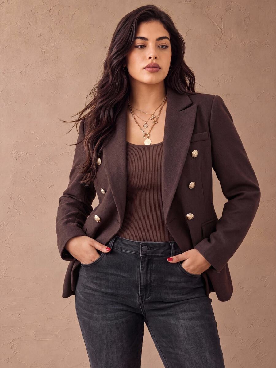 Juhart Plus Size Autumn/Winter Elegant Commuter Style Double-Breasted Lapel Long Sleeve Wool Blend Blazer - Rust Brown - View 1