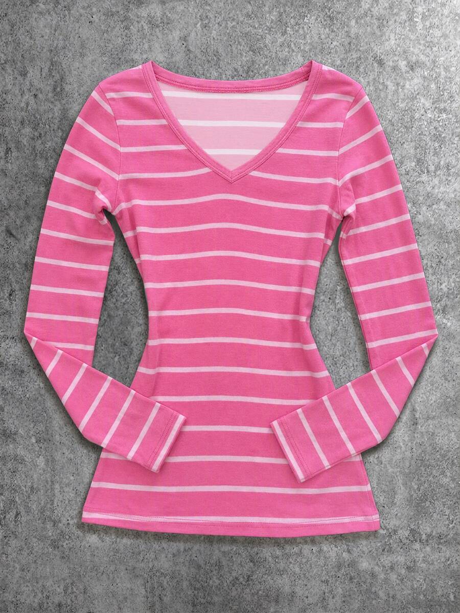 Teen Girls Casual Minimalist V-Neck Versatile Slim Fit Long Sleeve T-Shirt - Multicolor - View 1