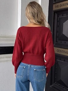 SHEIN 秋季新品酒紅色露肩不對稱套頭針織上衣 女款燈籠袖金屬鈕扣 外出上班聖誕優雅風 - 酒紅色 - 查看 2