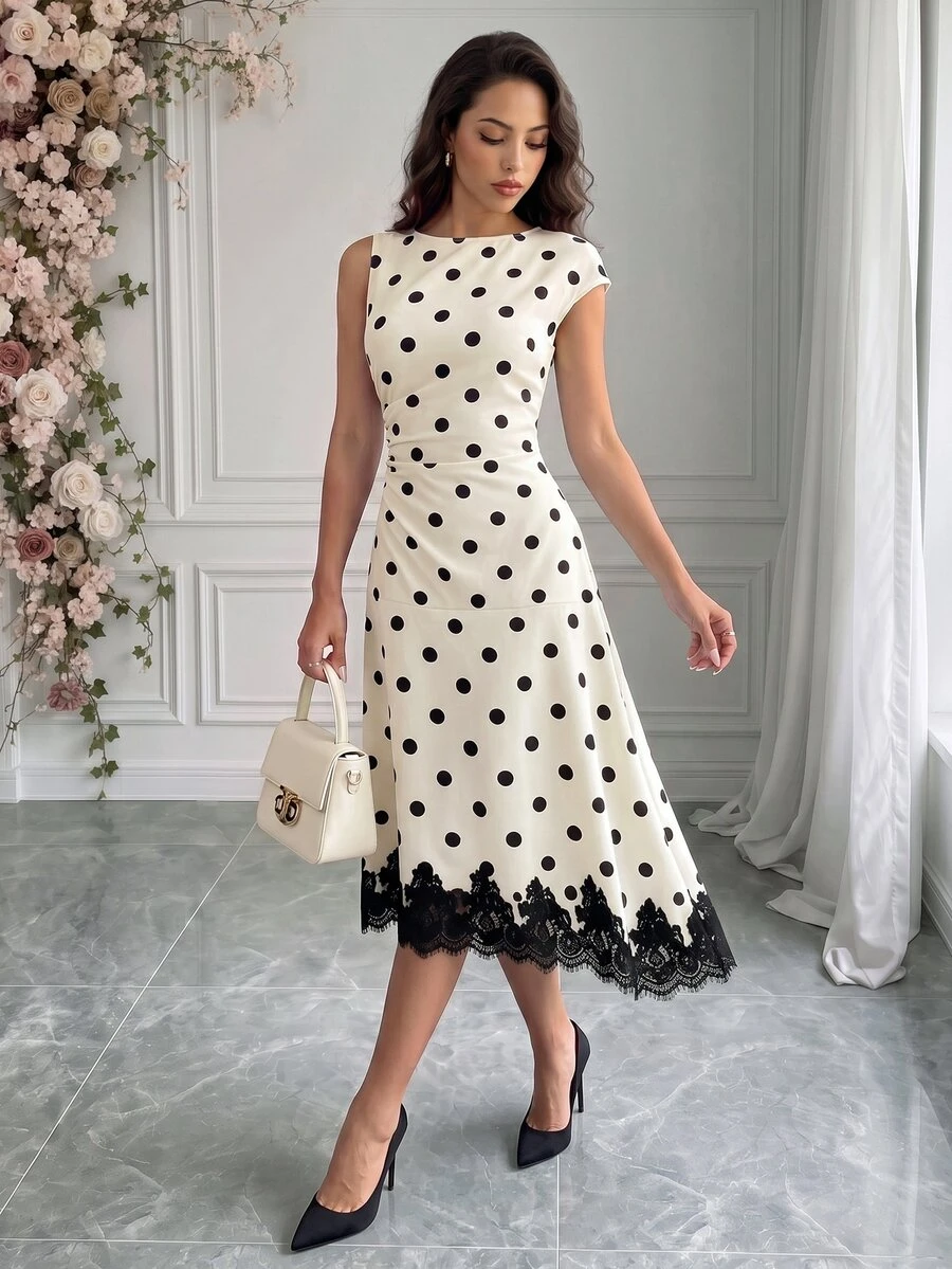 SHEIN Raffinéa 2026 Neuankömmling Französischer Stil Beige Polka Dot Muster Kleid, Elegantes Sommerkleid für Frauen, Taillierte Falten Schwarz Spitze Besatz Midi Kleid, Frühling Sommer Herbst Winter Kleid, Asymmetrische Schulter und Saum Kleid, Geeignet für Oberbekleidung, Dating und Business Wear - Aprikosenfarben - Übersicht 1