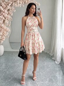 Rafferiza Women's Elegant Vacation Fashion Minimalist Versatile Halter Neck Short Dress, Spring/Summer - Baby Pink - View 1