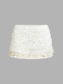 SHEIN ICON White Polka Dot Low Rise Sequin Decor Bodycon Mini Skirt Party Night Night Ibiza Party Summer Sexy - Apricot - View 2