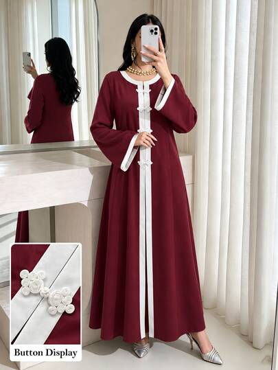 Al Najma Robe longue pour femme, élégante, modeste et polyvalente, style minimaliste quotidien, col rond, manches évasées, bordeaux, pour baptême, invitée et famille, automne