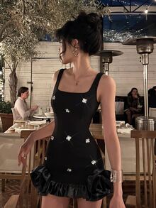 SHEIN MOD Chic Women's Black Bodycon Mini Dress Featuring Square Neckline Floral Details And Playful Ruffled Trim,Rhinestone Dress For Women,Bling Dresses - Black - View 2