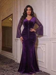 SHEIN LUNE Women's Plus Size Lace Patchwork Bell Sleeve Pearl Decor Long Party Formal Cocktail Evening Elegant Dress Fall Purple Winter - Purple - View 5