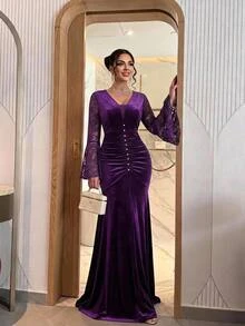 SHEIN LUNE Women's Plus Size Lace Patchwork Bell Sleeve Pearl Decor Long Party Formal Cocktail Evening Elegant Dress Fall Purple Winter - Purple - View 6