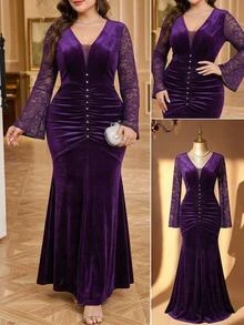 SHEIN LUNE Women's Plus Size Lace Patchwork Bell Sleeve Pearl Decor Long Party Formal Cocktail Evening Elegant Dress Fall Purple Winter - Purple - View 1