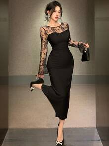 DAZY Women's Elegant Luxury Lace Back Slit Dress - Black - View 7
