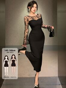 DAZY Women's Elegant Luxury Lace Back Slit Dress - Black - View 1