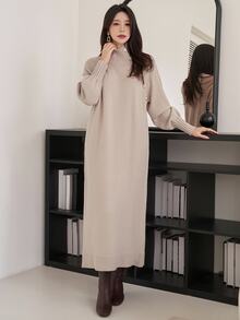DAZY Women's Solid Color Raglan Long Sleeve Casual Knit Dress, Autumn/Winter - Khaki - View 3