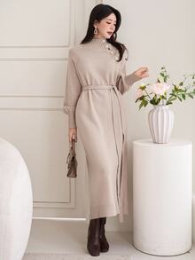DAZY Women's Solid Color Raglan Long Sleeve Casual Knit Dress, Autumn/Winter - Khaki - View 7