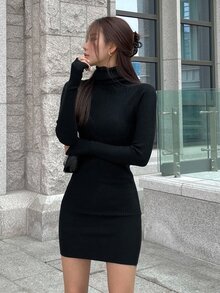 DAZY Women's Ribbed High Neck Long Sleeve Elegant Dress - Black - View 3
