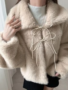 DAZY Women's Elegant Tie-Front Long Sleeve Faux Fur Coat - Beige - View 4