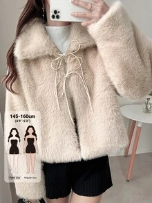 DAZY Women's Elegant Tie-Front Long Sleeve Faux Fur Coat - Beige - View 1