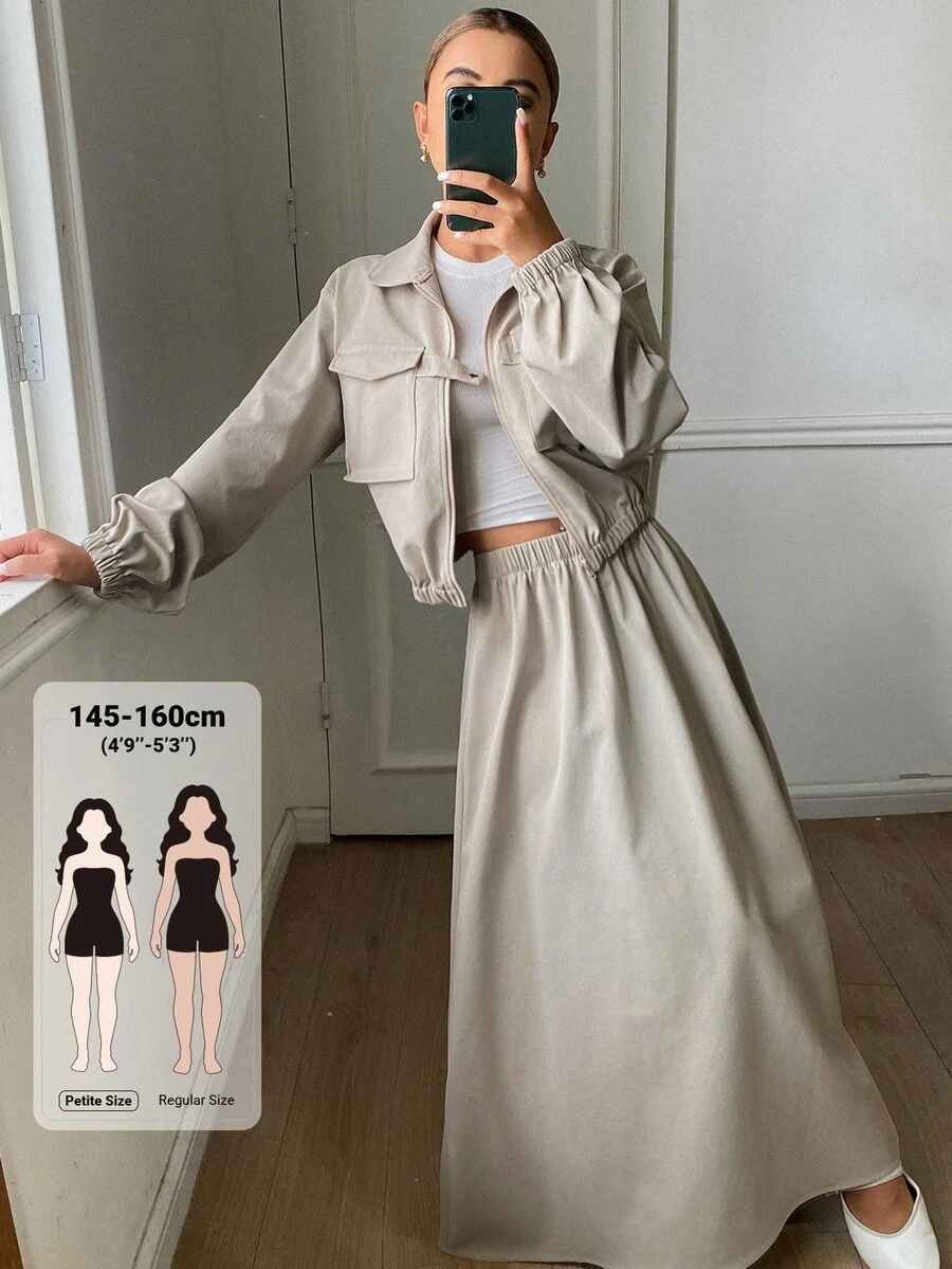 DAZY Women's Zipper Pocket Long Sleeve Jacket And Long Skirt 2 Pieces Set - Grey - View 1