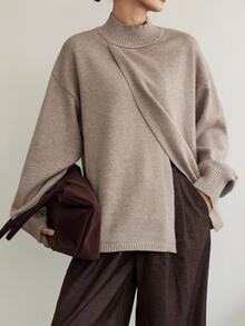 DAZY Women's Solid Color Stand Collar Drop Shoulder Long Sleeve Casual Sweater - Khaki - View 2