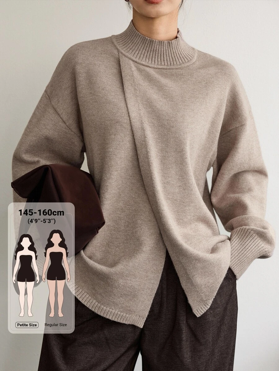 DAZY Women's Solid Color Stand Collar Drop Shoulder Long Sleeve Casual Sweater - Khaki - View 1