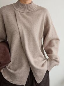 DAZY Women's Solid Color Stand Collar Drop Shoulder Long Sleeve Casual Sweater - Khaki - View 7