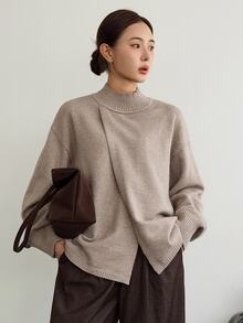 DAZY Women's Solid Color Stand Collar Drop Shoulder Long Sleeve Casual Sweater - Khaki - View 4