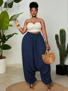 Maweii Plus Size Women's Rainbow Gradient Striped Flying Squirrel Pants, Drawstring Pockets Lion Head Patchwork Cuffed Casual Pants, Spring/Summer Y2K Streetwear Vacation Outfit - Navy Blue - View 8